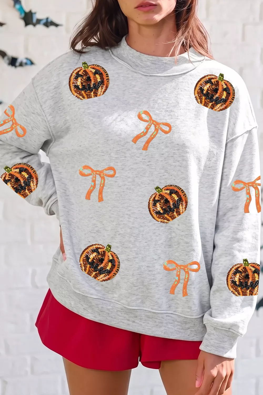 Sequin Pumpkin Face Bow Exposed Seam Halloween Sweatshirt, image 4