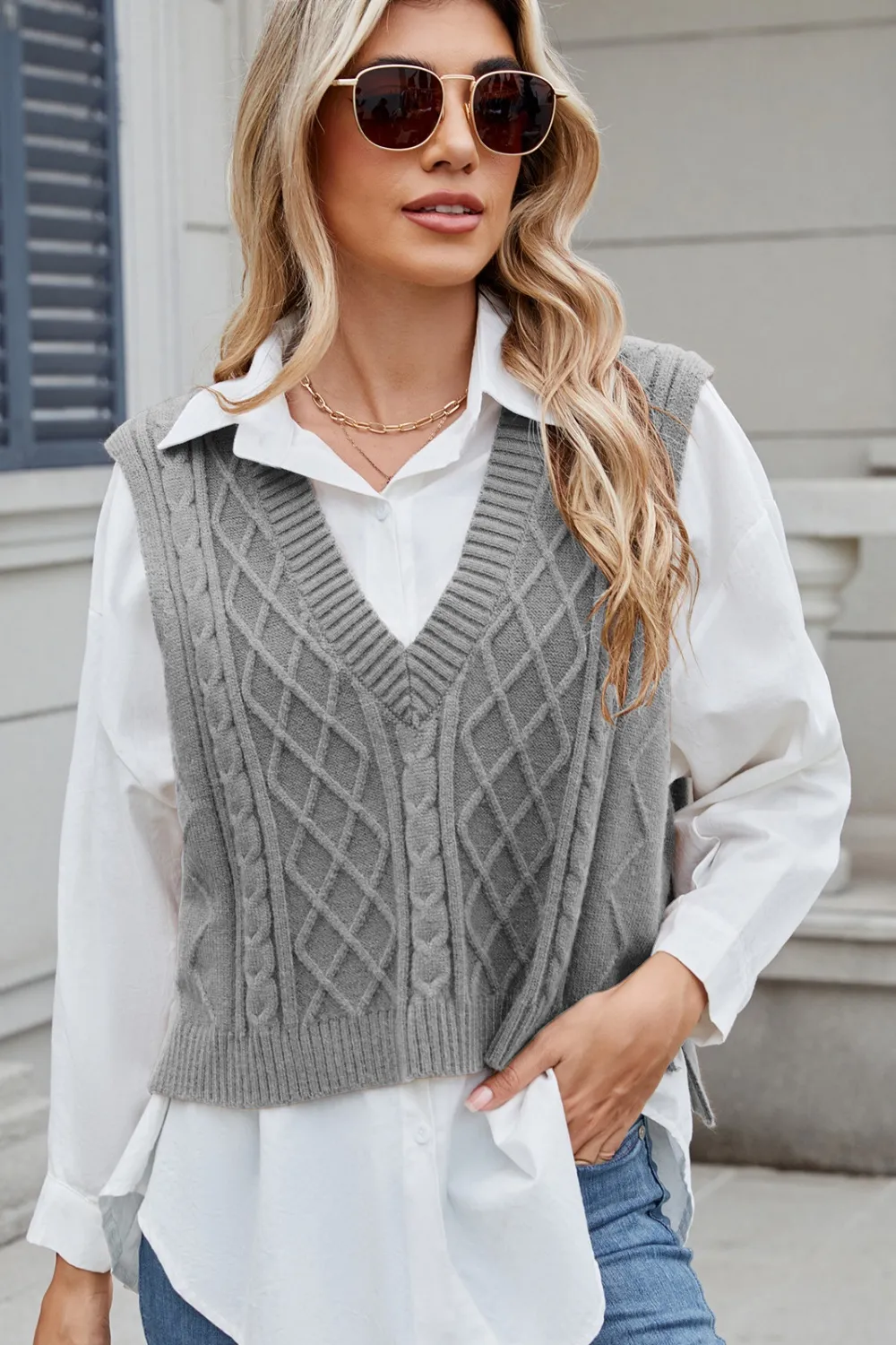 Cable-Knit V-Neck Sweater Vest, image 8