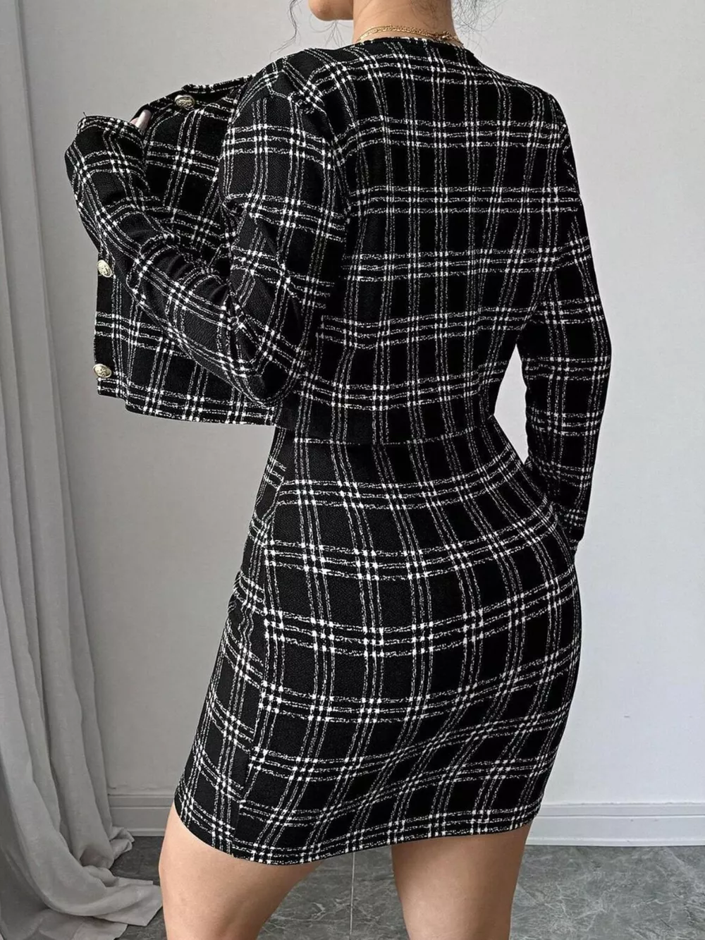 Plaid Tweed Crop Outerwear and Bodycon Mini Dress Two-Piece Set, image 5