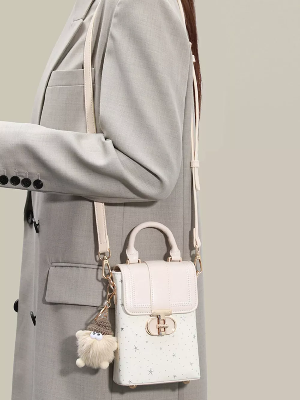 Star-Patterned Mini Crossbody Bag with Plush Charm