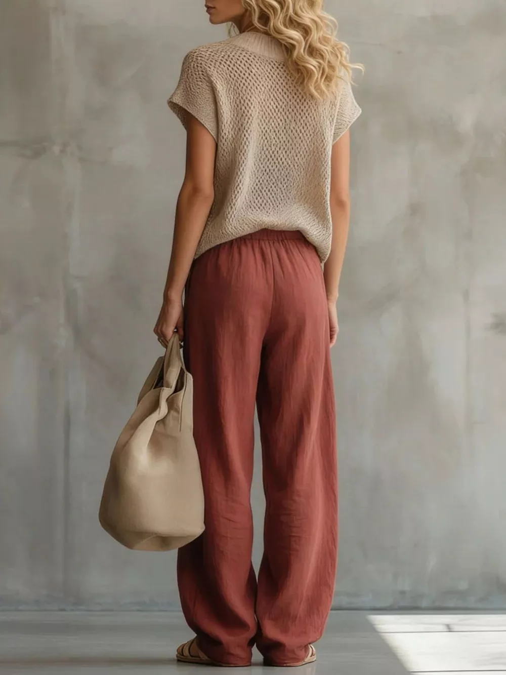 Openwork Knit Top and Wide-Leg Pant Set, image 5