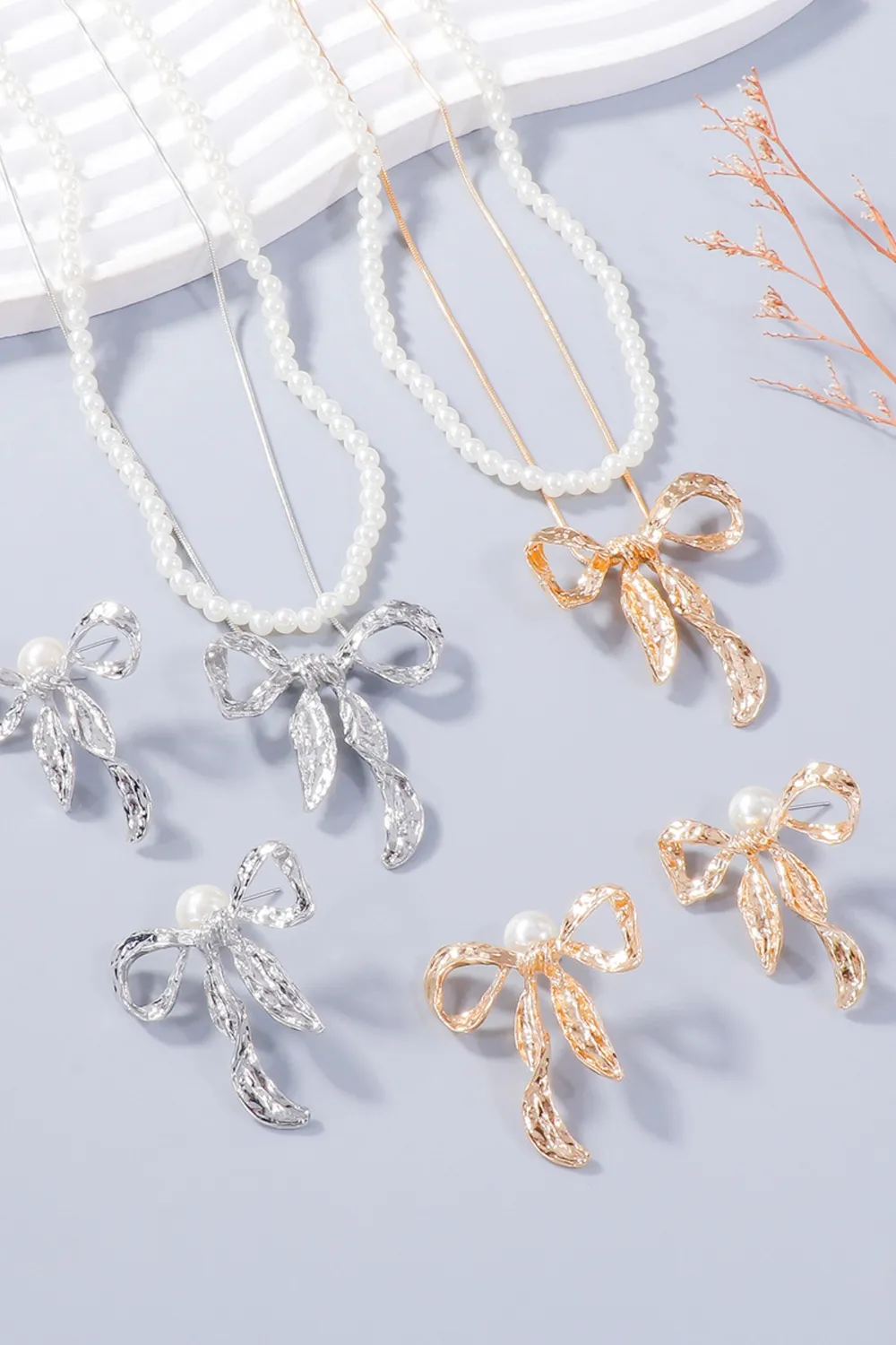 Synthetic Pearl Necklace, Bow Necklace and Bow Earrings Jewelry Set, image 2