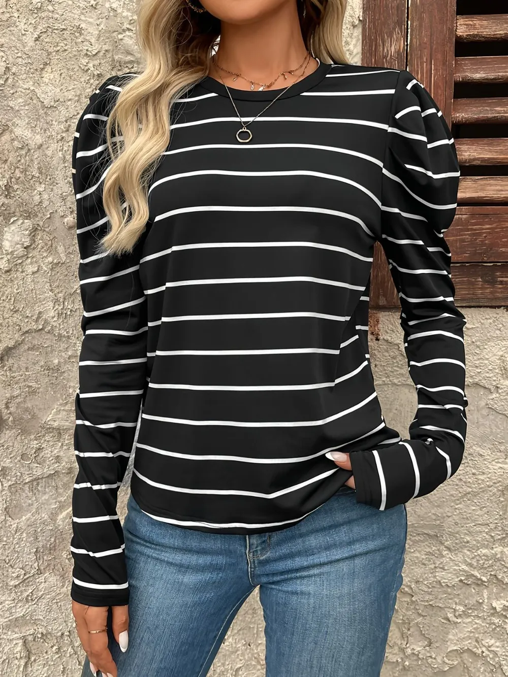 Full Size Striped Round Neck Puff Sleeve T-Shirt, image 2