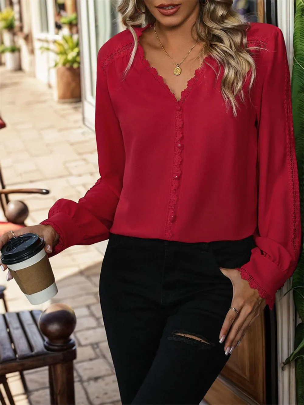 Lace Detail V-Neck Long Sleeve Blouse, image 4