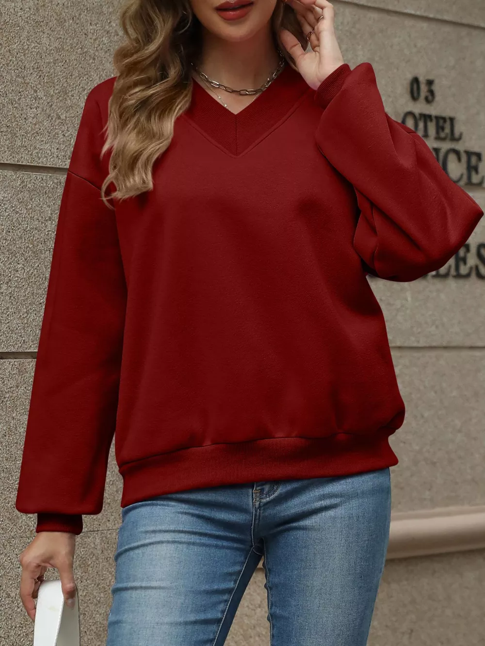 V-Neck Solid Color Casual Sweatshirt, image 16