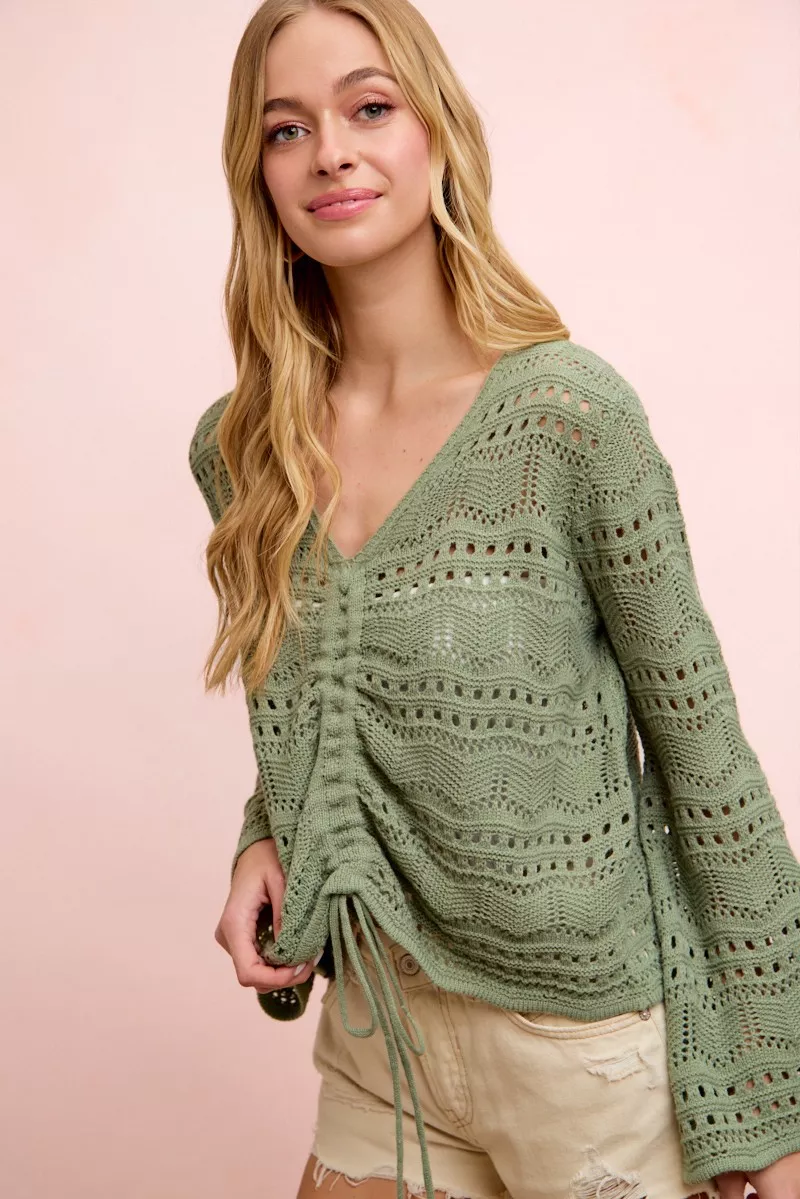 Pointelle Knit V Neck Ruched Front Lightweight Top, image 8
