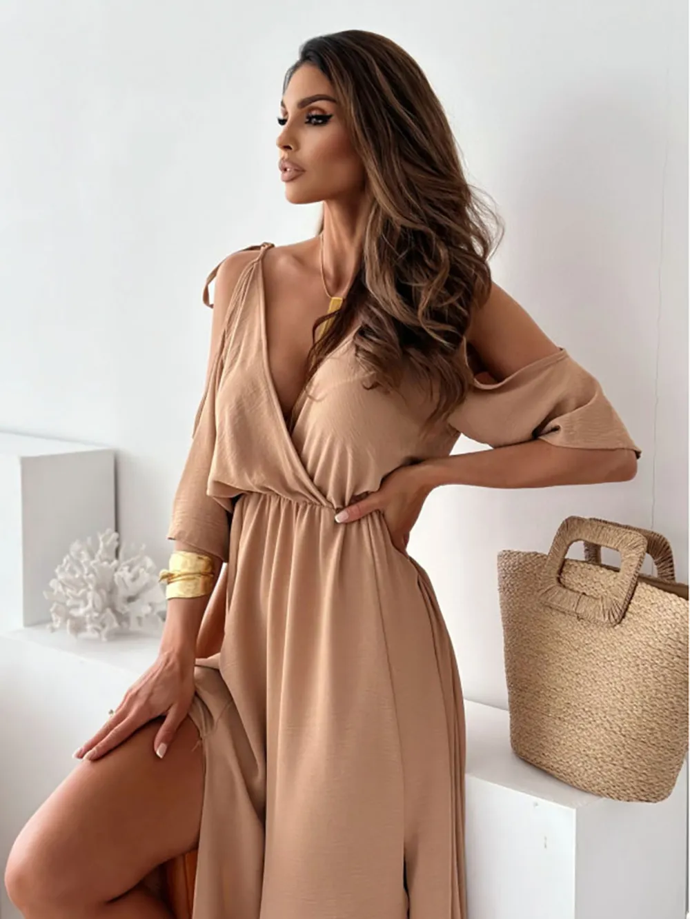 Tied Shoulder Slit Maxi Dress, image 5