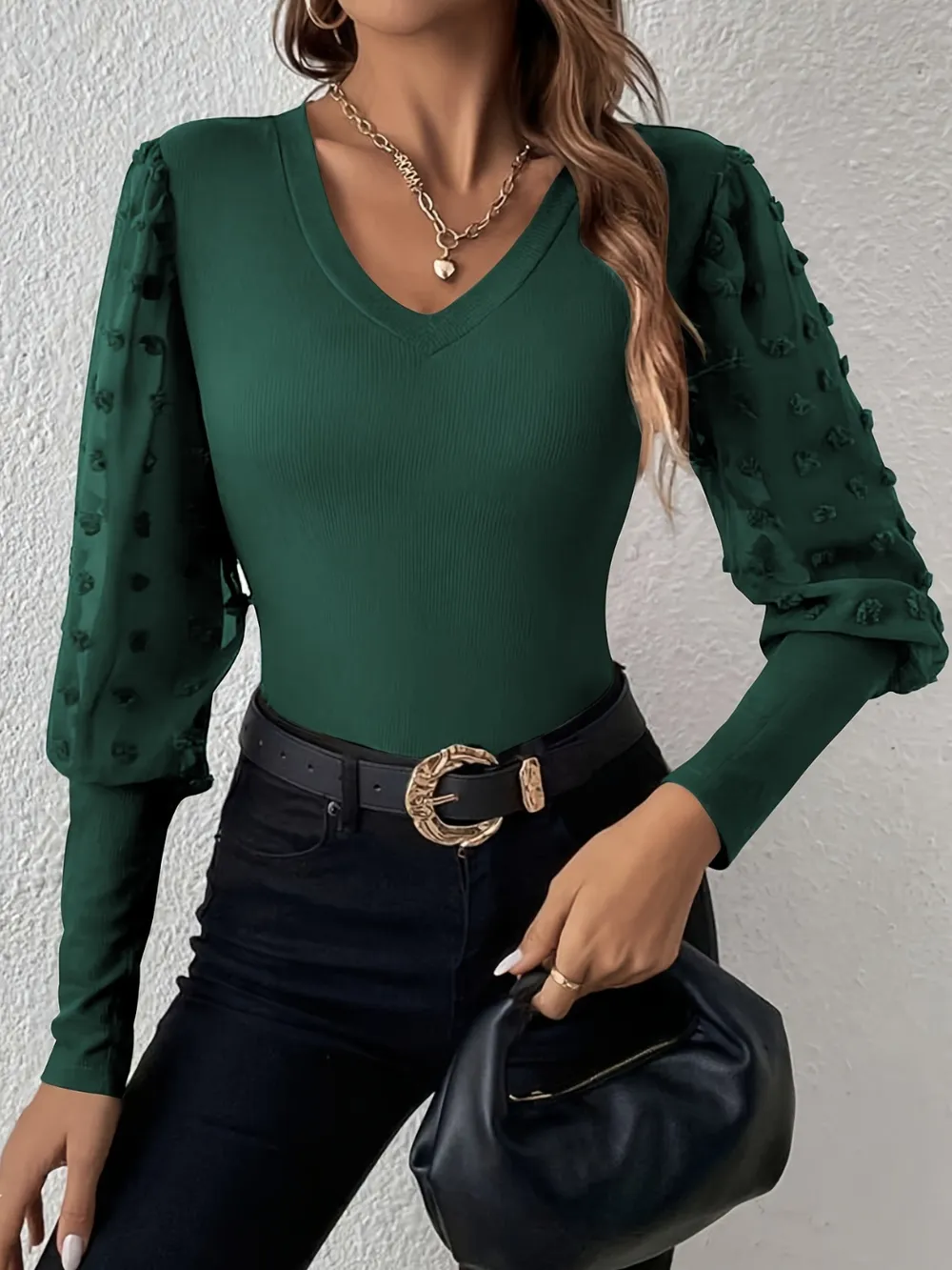 Swiss Dot V-Neck Long Sleeve Top, image 6