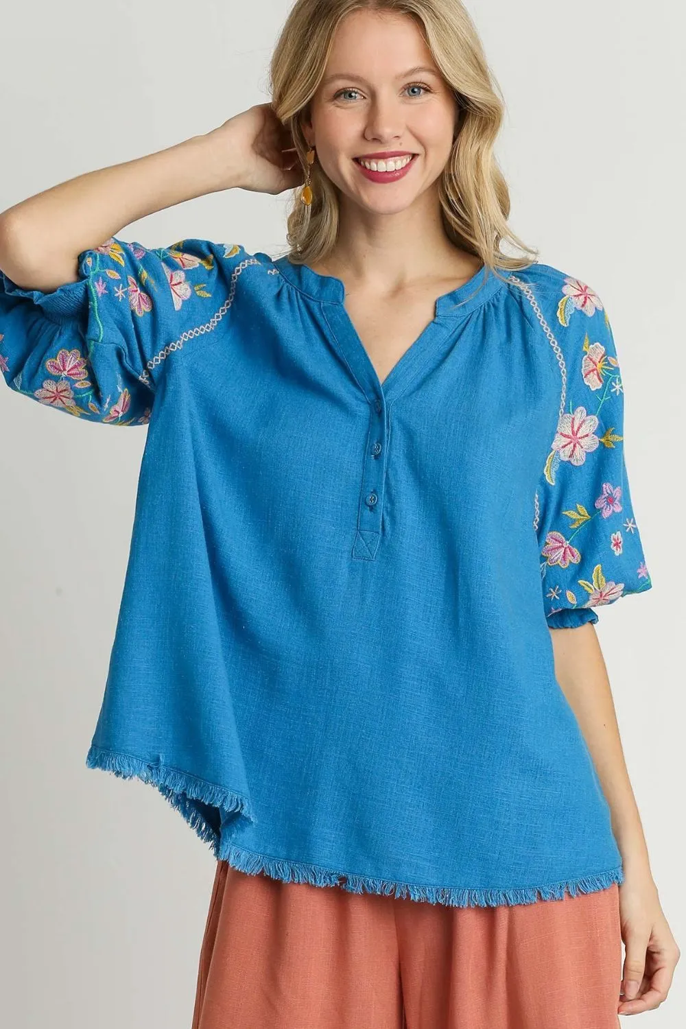 Full Size Half Button Top with Embroidery Sleeves Plus Size