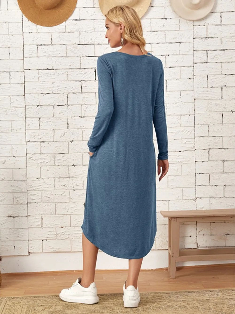 Pocketed Round Neck Long Sleeve Tee Dress, image 10