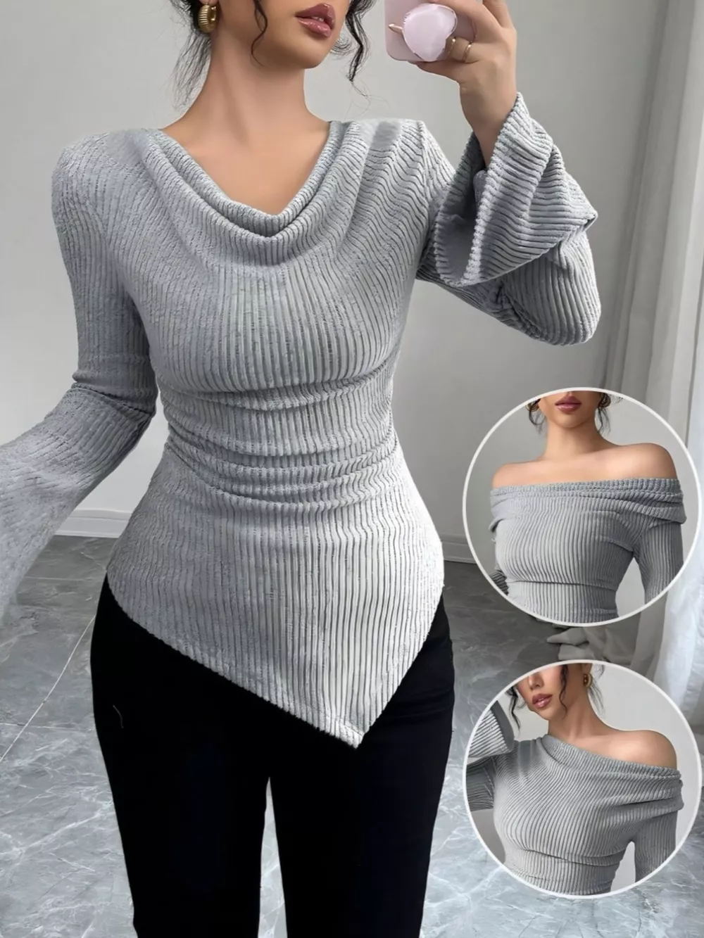 Off-Shoulder Bell Sleeve Ribbed Blouse, image 10