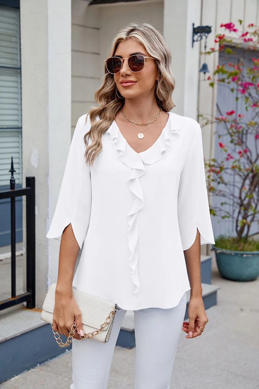 Ruffled V-Neck Three-Quarter Sleeve Blouse, image 21