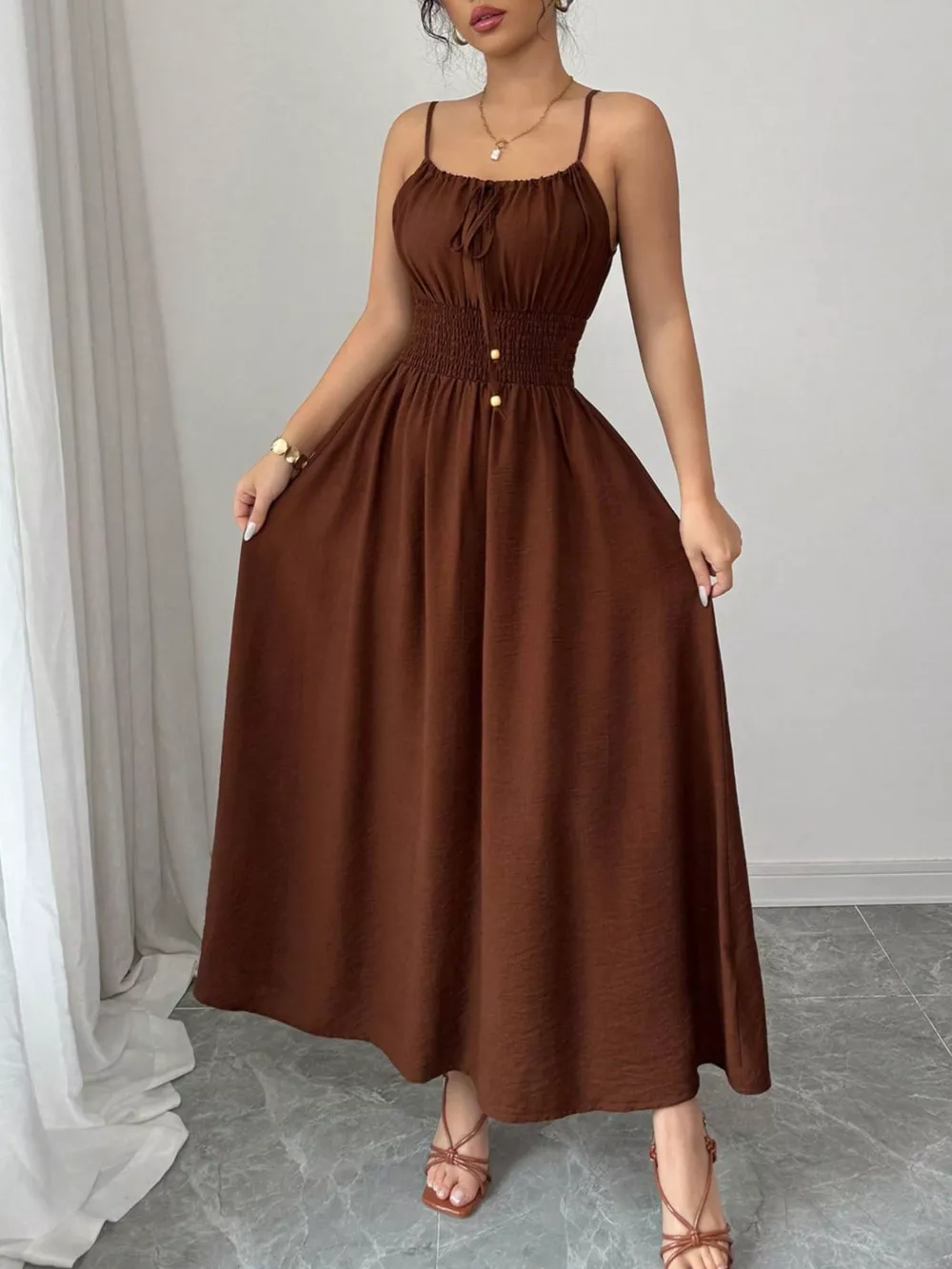 Smocked Spaghetti Strap Midi Dress, image 9