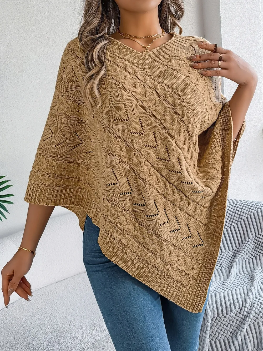 Cable-Knit Openwork Three-Quarter Sleeve Sweater, image 9