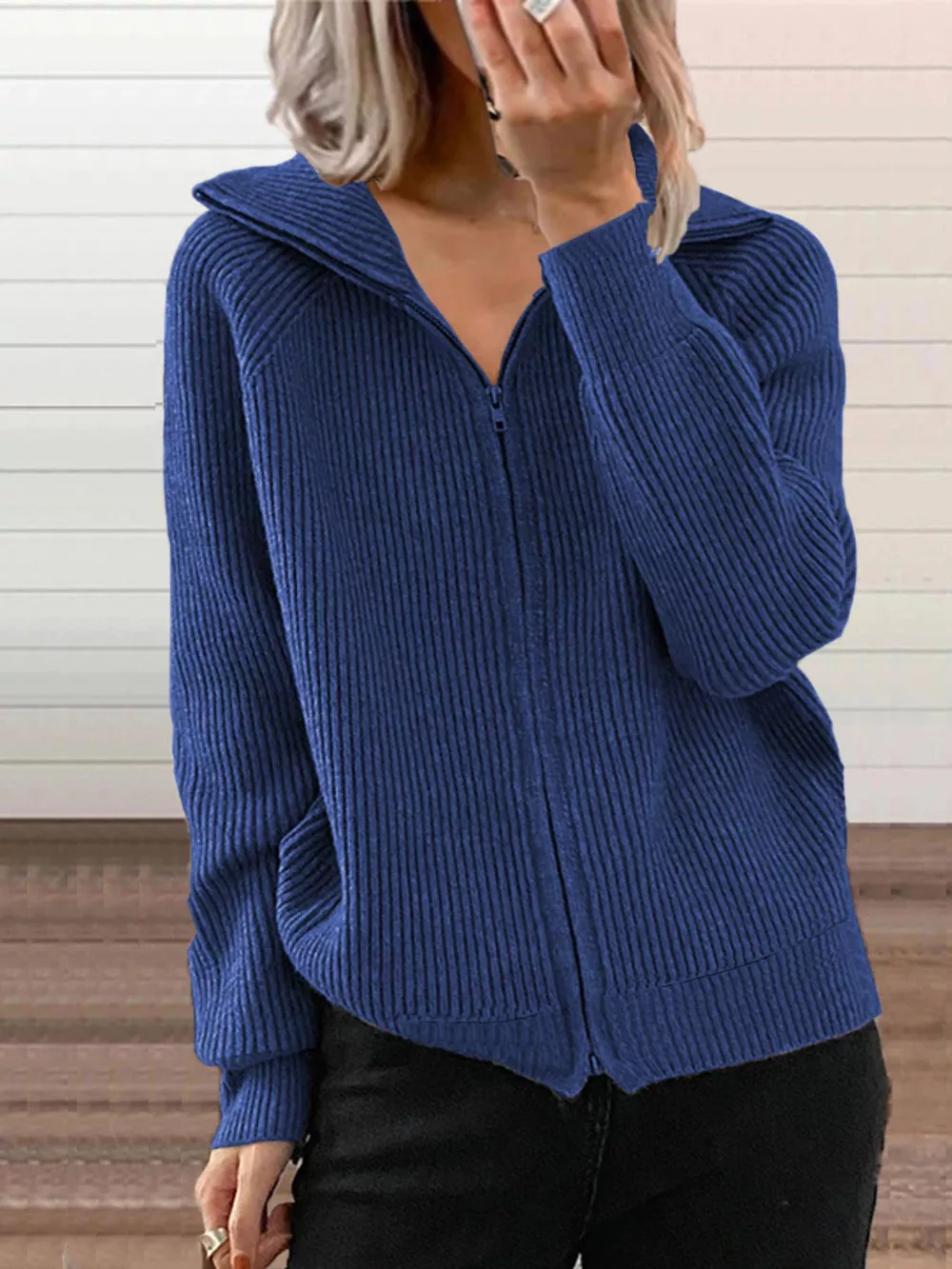 Full Size Ribbed Knit Zip-Up Outerwear Plus Size, image 5