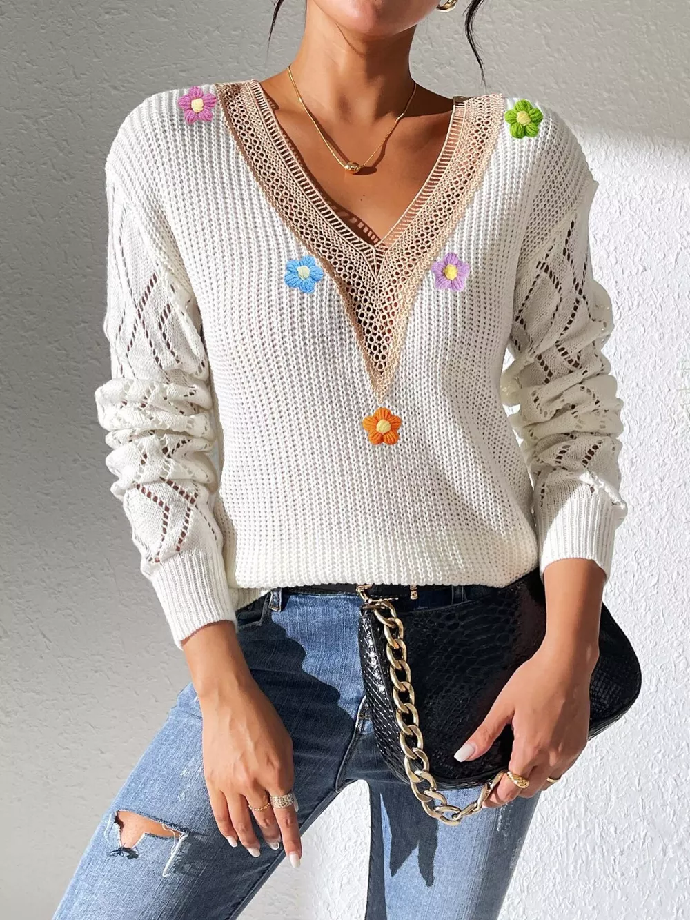 Floral Applique V-Neck Openwork Sweater, image 5