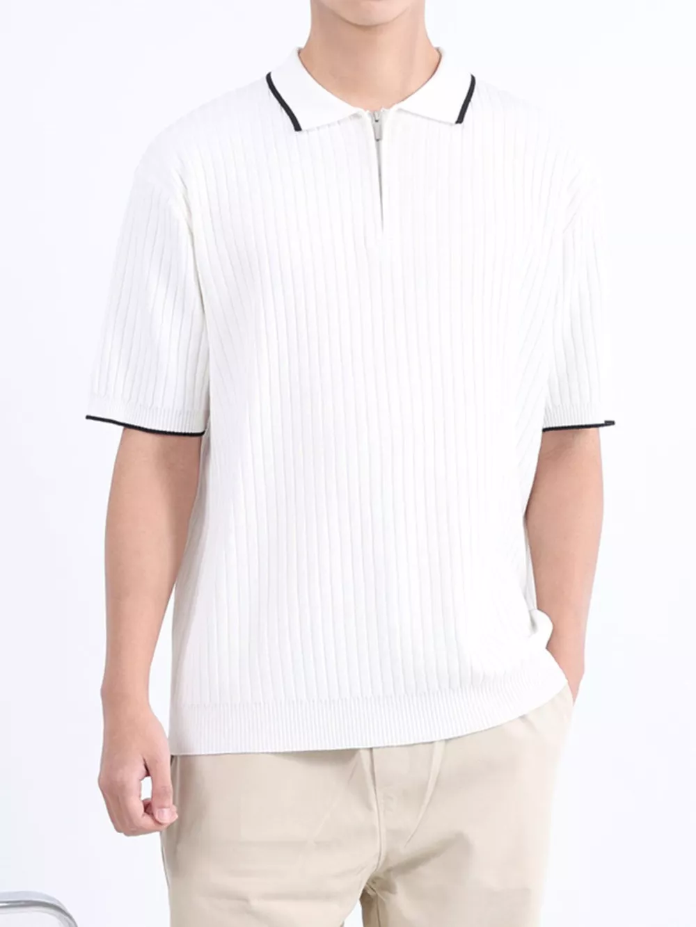 Men's Plus Size Ribbed Knit Zip-Up Polo, image 9
