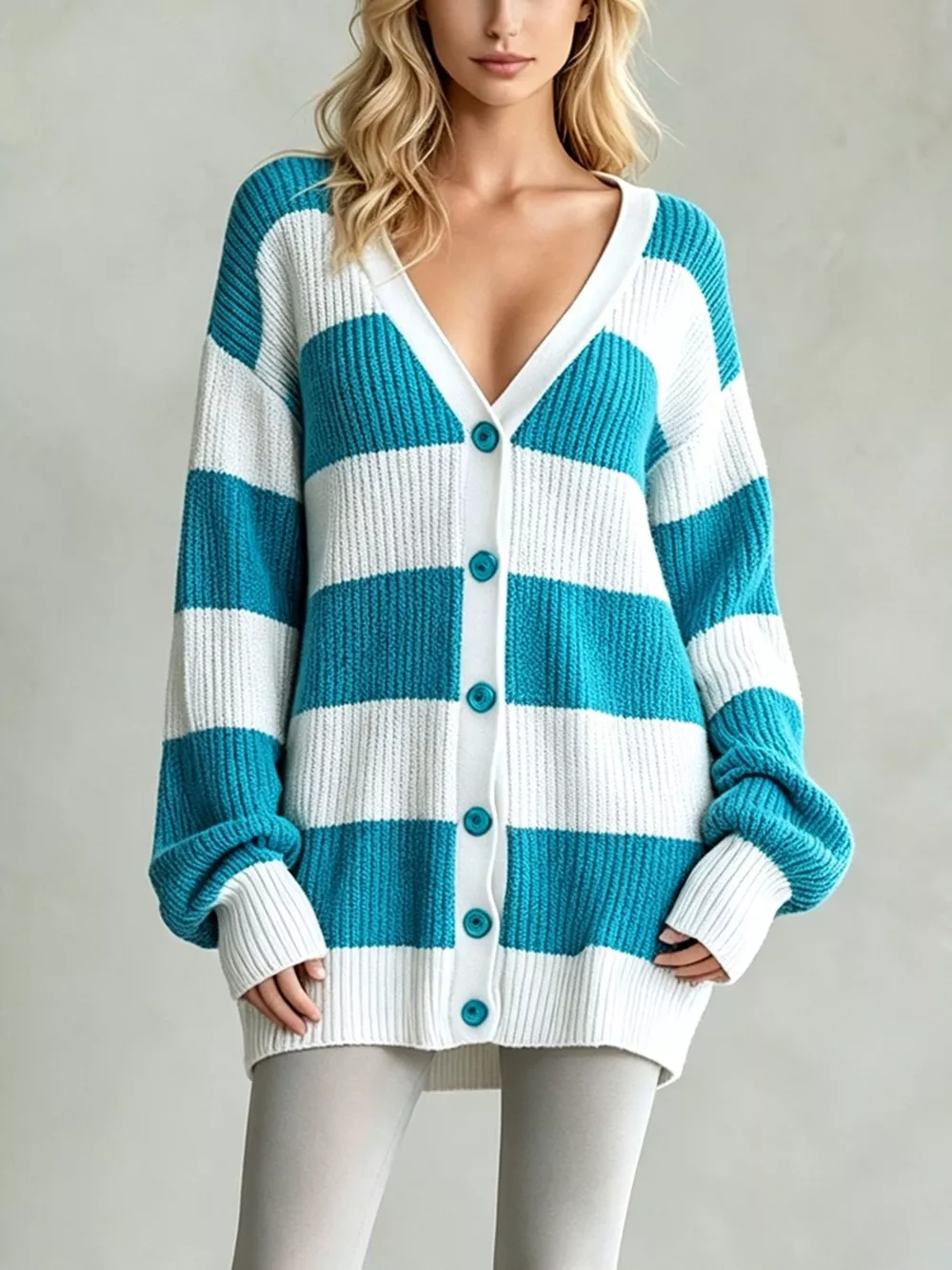 Striped V-Neck Button-Down Cardigan, image 4