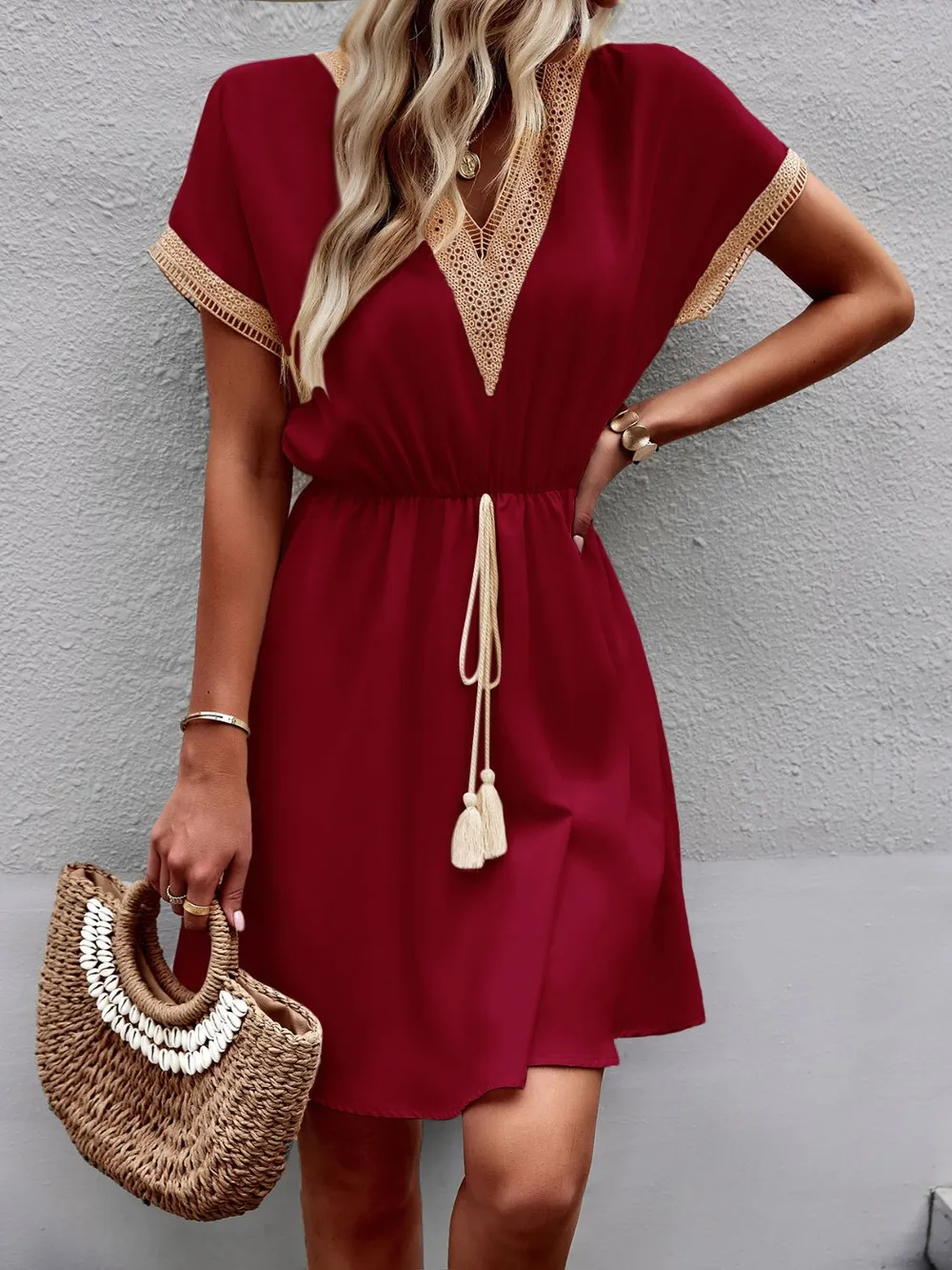 Contrast Trim V-Neck Short Sleeve Mini Dress, image 12