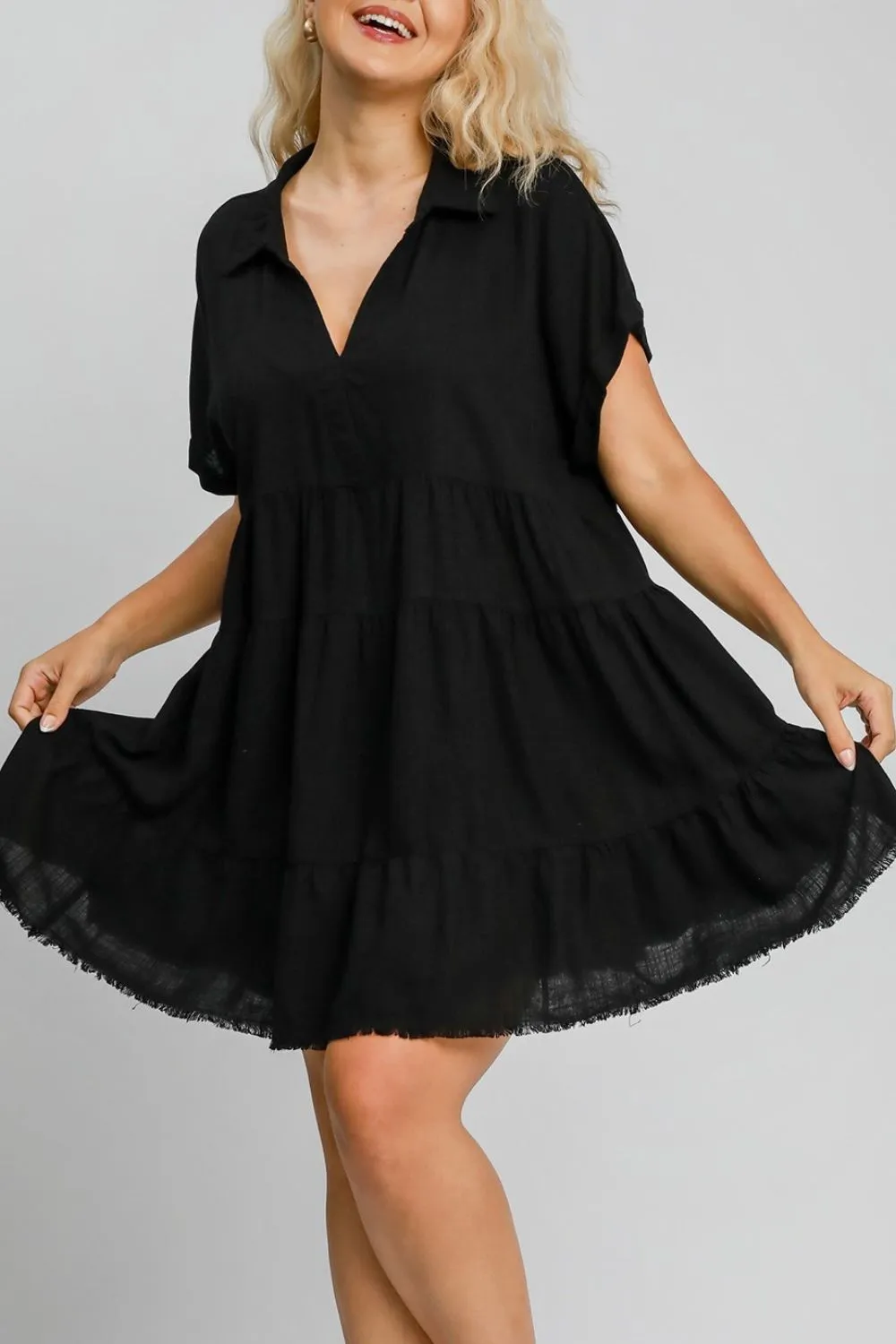 Full Size Raw Hem Folded Sleeve Tiered Dress Plus Size, image 2