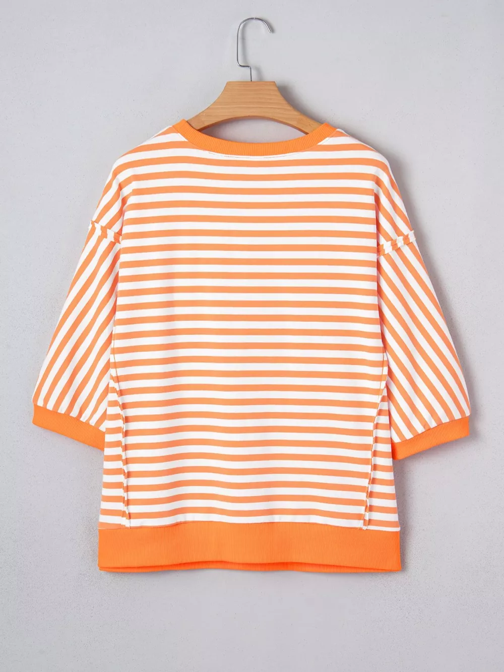 Stripe 3/4 Sleeve Exposed Seam Patchwork Pullover Top, image 5