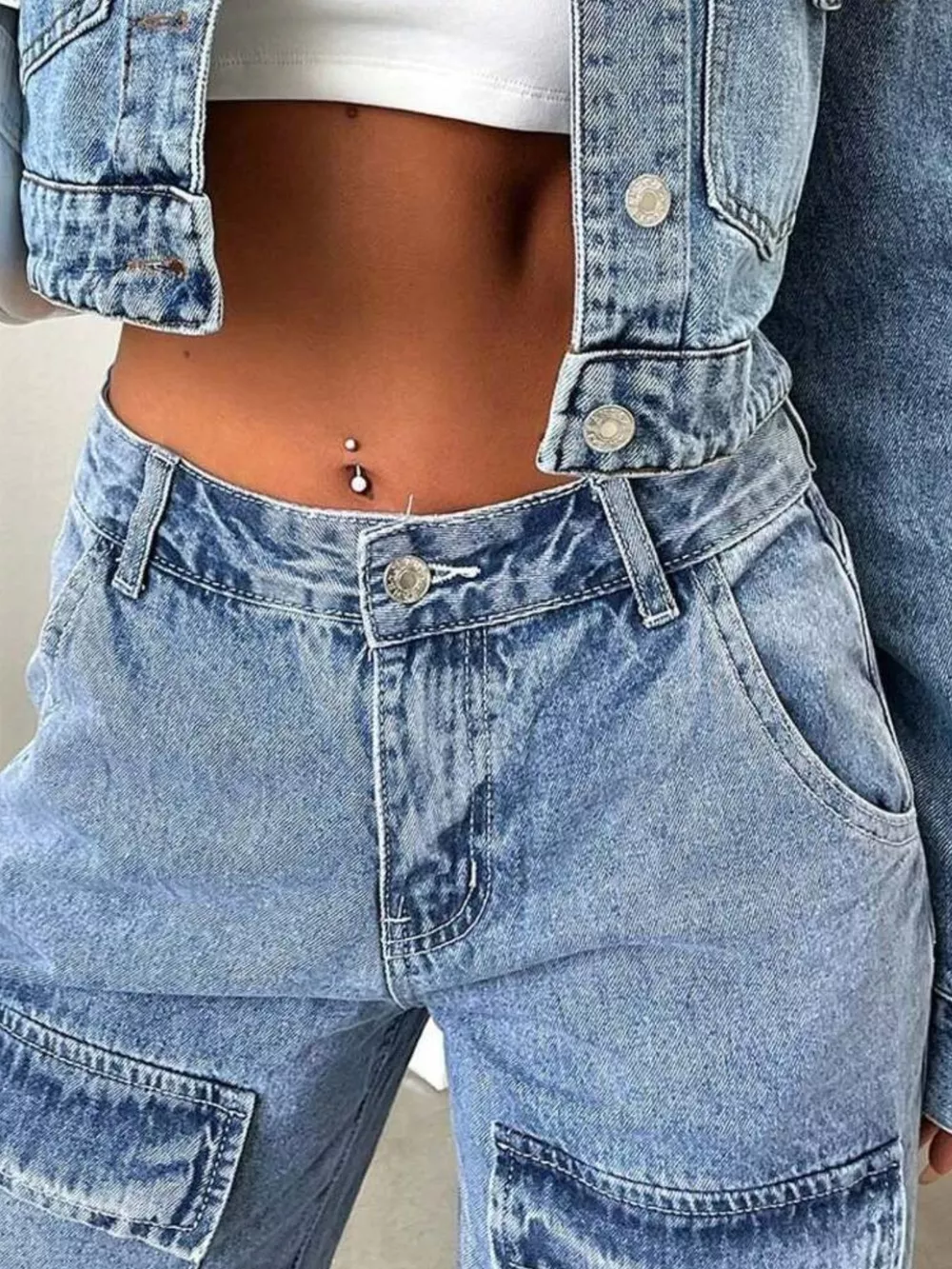 High-Waisted Wide-Leg Cargo Jeans, image 4