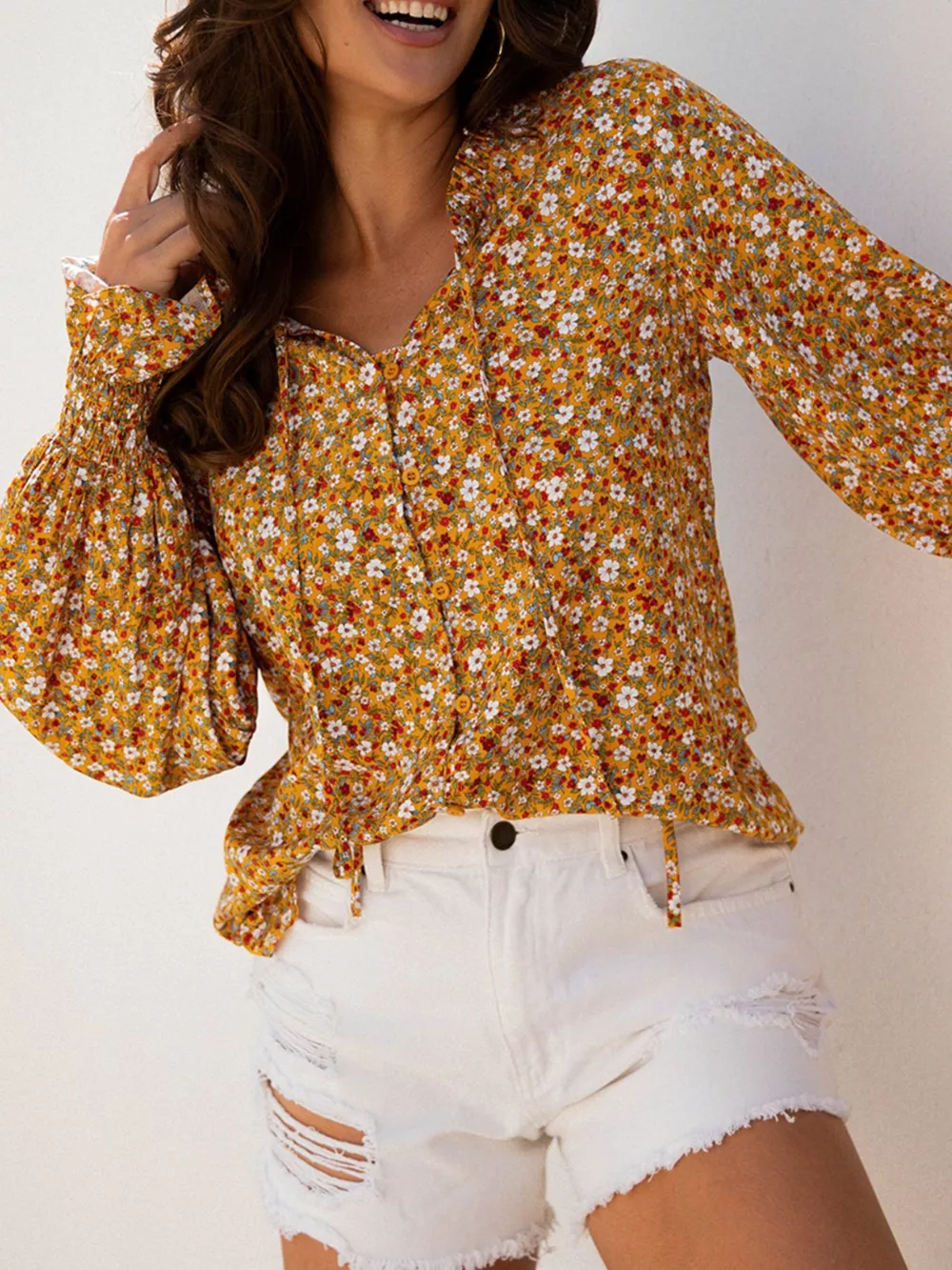 Floral Ruffled Bubble Sleeve Tie Neck Blouse, image 5
