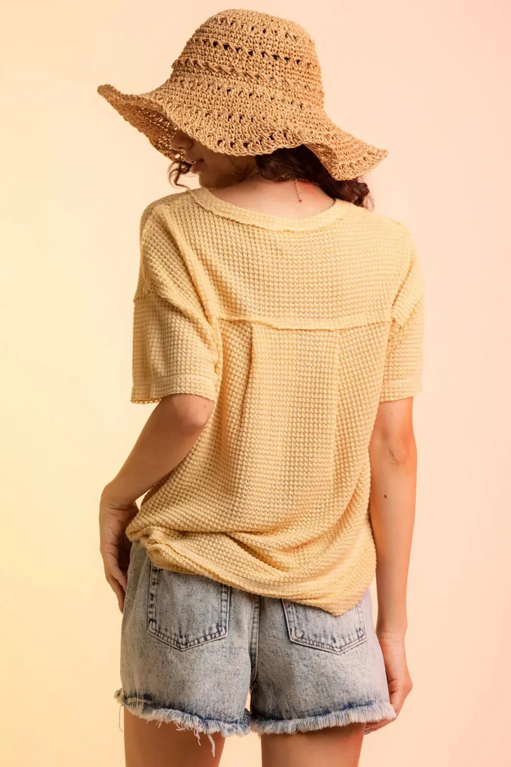 Waffle-Knit Notched Half Sleeve T-Shirt, image 9