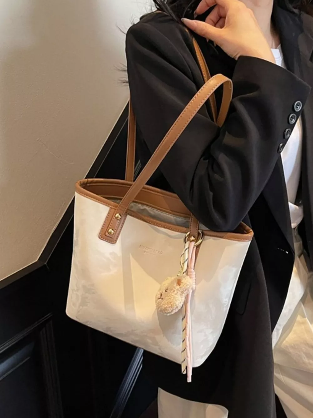 Tote Shoulder Bag with Bear Charm, image 6