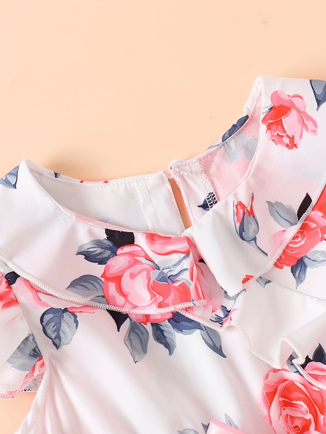 Children's Floral Print Ruffle Trim Bow Pleated Dress, image 3