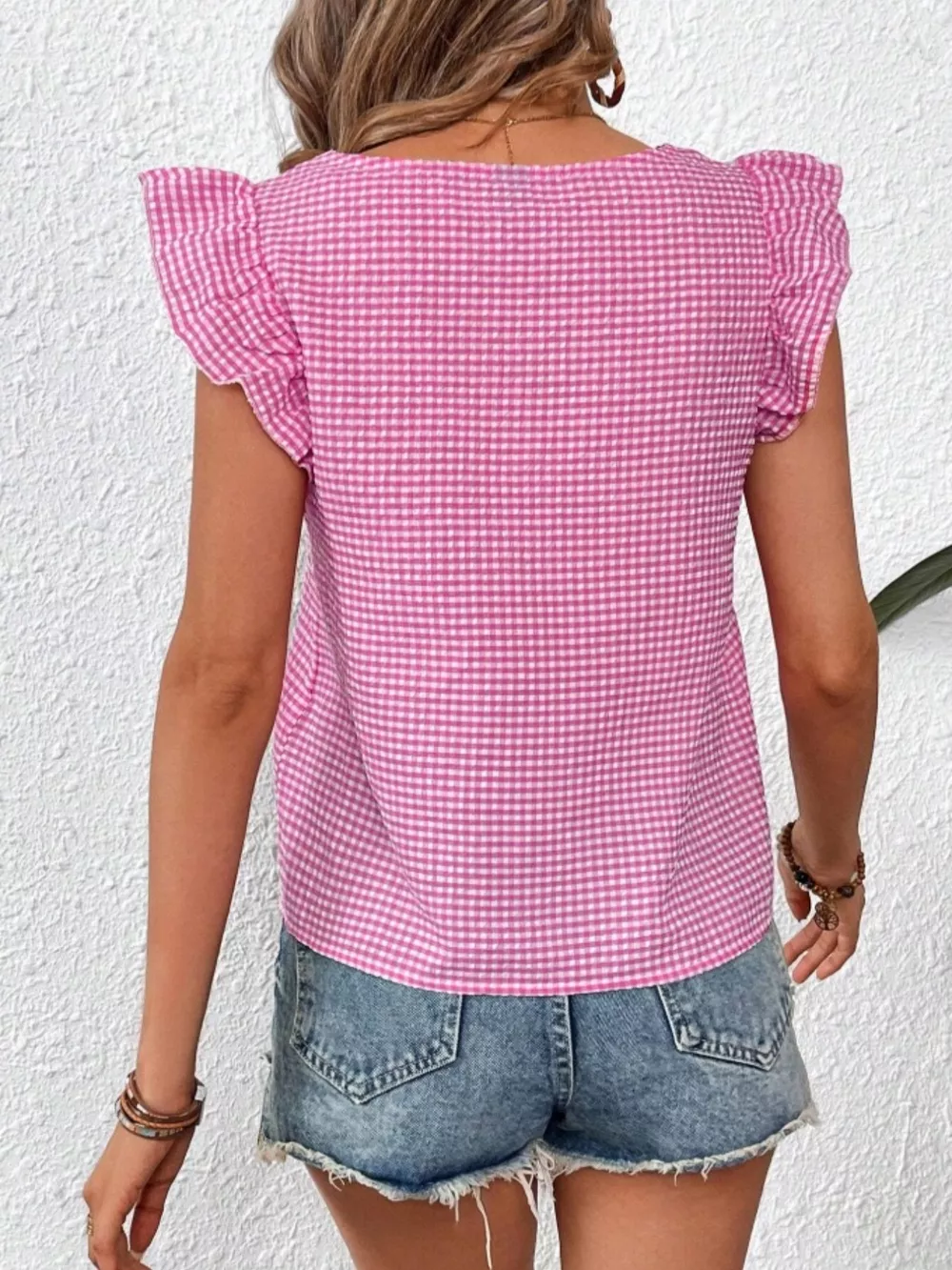 Gingham Ruffle Sleeve Square Neck Blouse, image 10