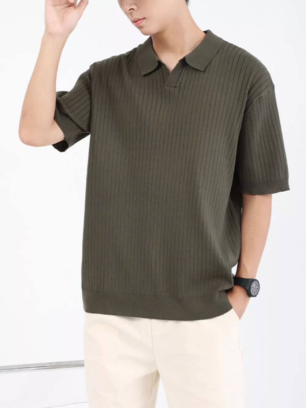 Men's Plus Size Ribbed Knit Short Sleeve Polo, image 10