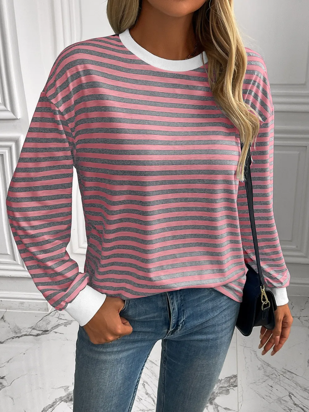 Striped Round Neck Long Sleeve Sweatshirt, image 8