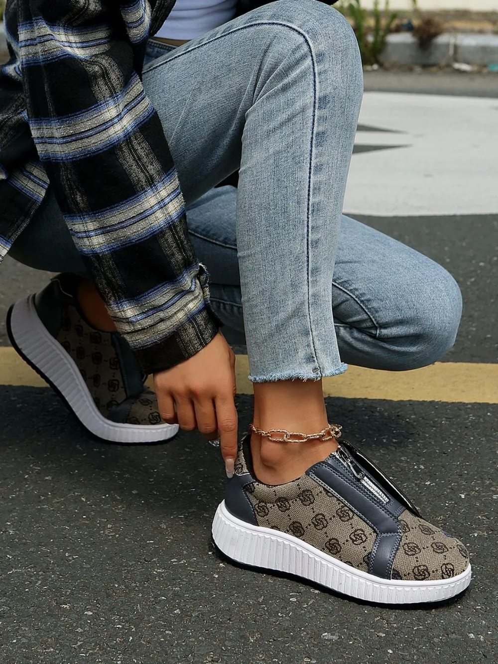 Floral Round Toe Sneakers with Zip, image 3