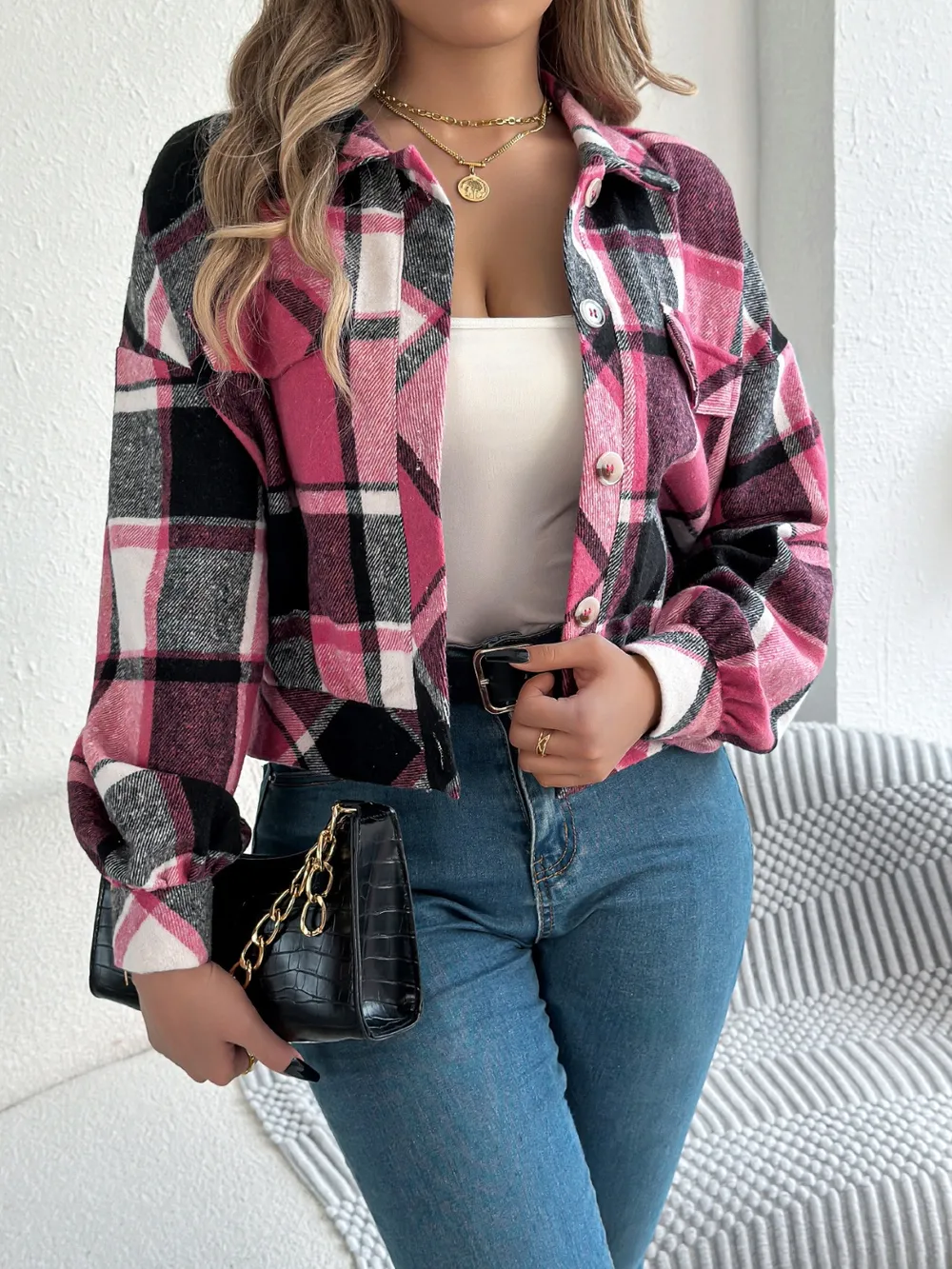 Plaid Button Up Long Sleeve Jacket, image 30