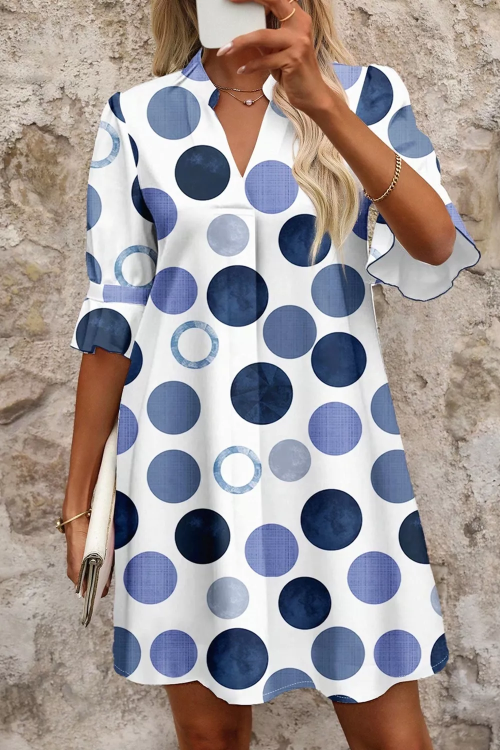 Polka Dot Print Flounced Half Sleeve Casual Vacation Style Mini Dress, image 5