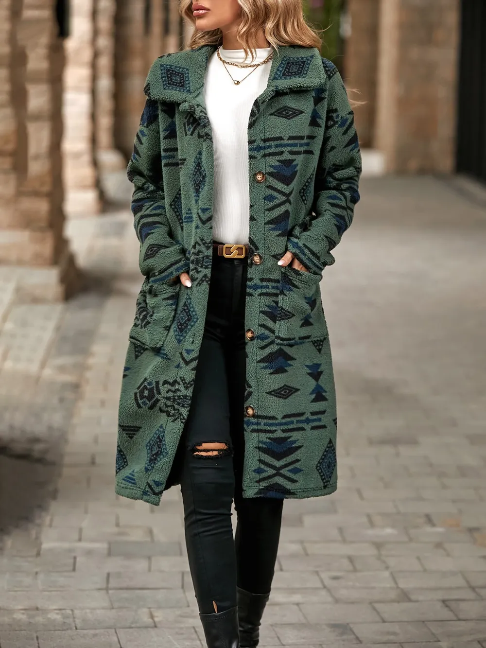 Geometric Pocketed Dropped Shoulder Coat, image 10