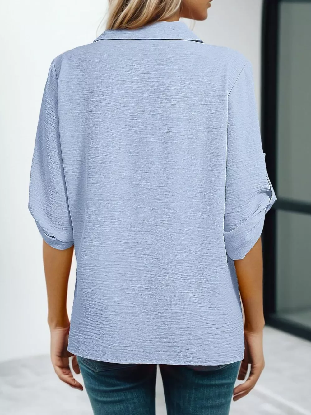 Johnny Collar Roll-Up Sleeve Blouse, image 10