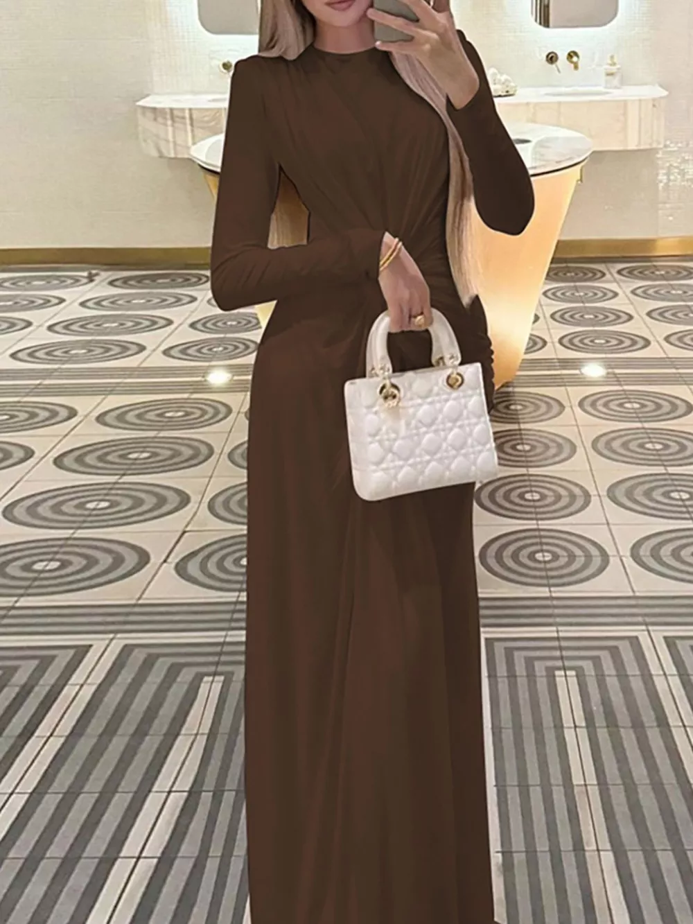 Ruched Knot Front Long Sleeve Maxi Dress, image 10