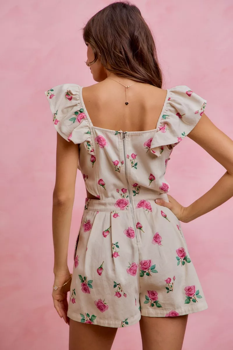 Floral Print Denim Cut Out Waist Ruffled Romper, image 2