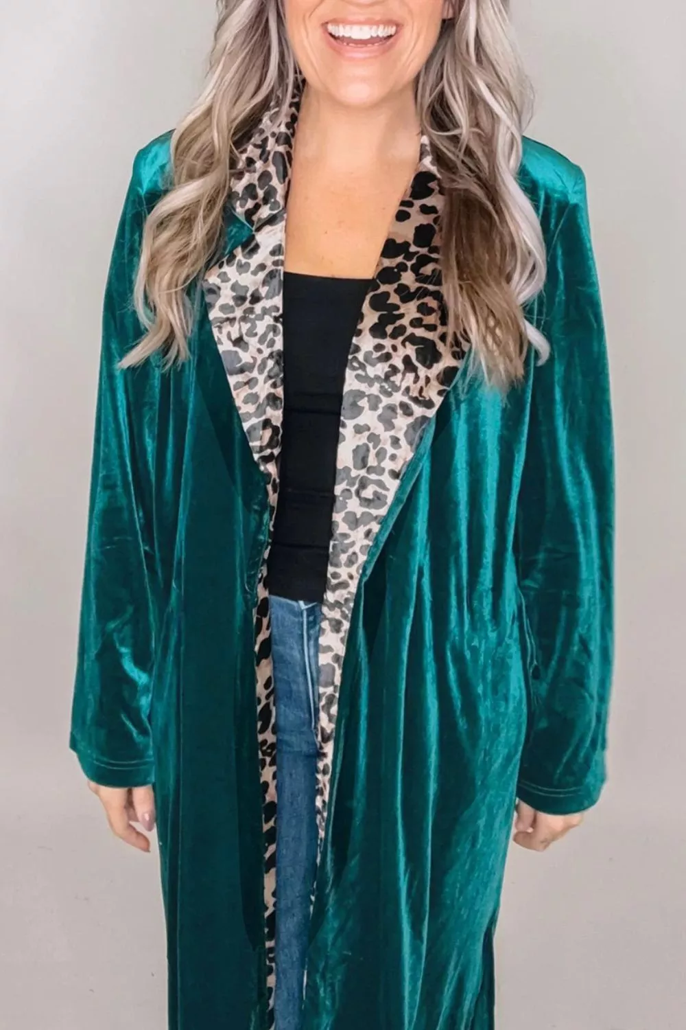 Velvet Contrast Leopard Print Lapel Collar Open Front Cardigan, image 4