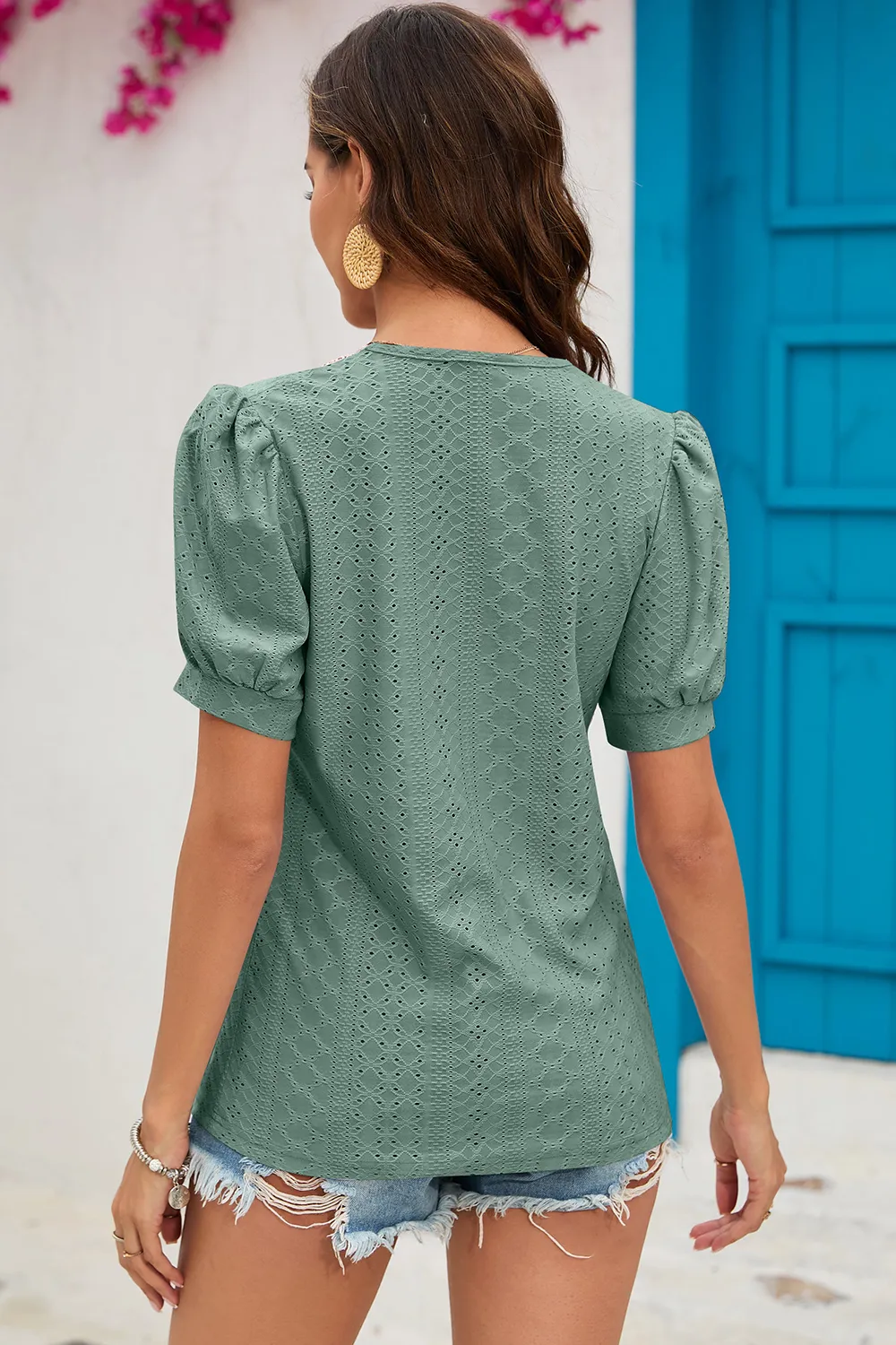 Eyelet V-Neck Short Sleeve T-Shirt, image 10