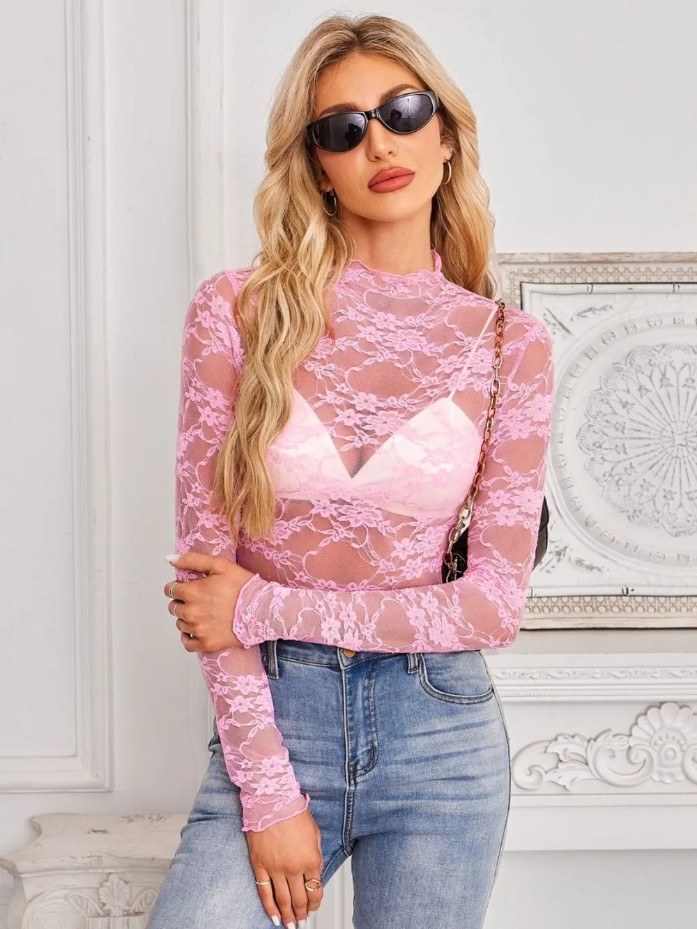 Mock Neck Long Sleeve Lace Sheer Top, image 14