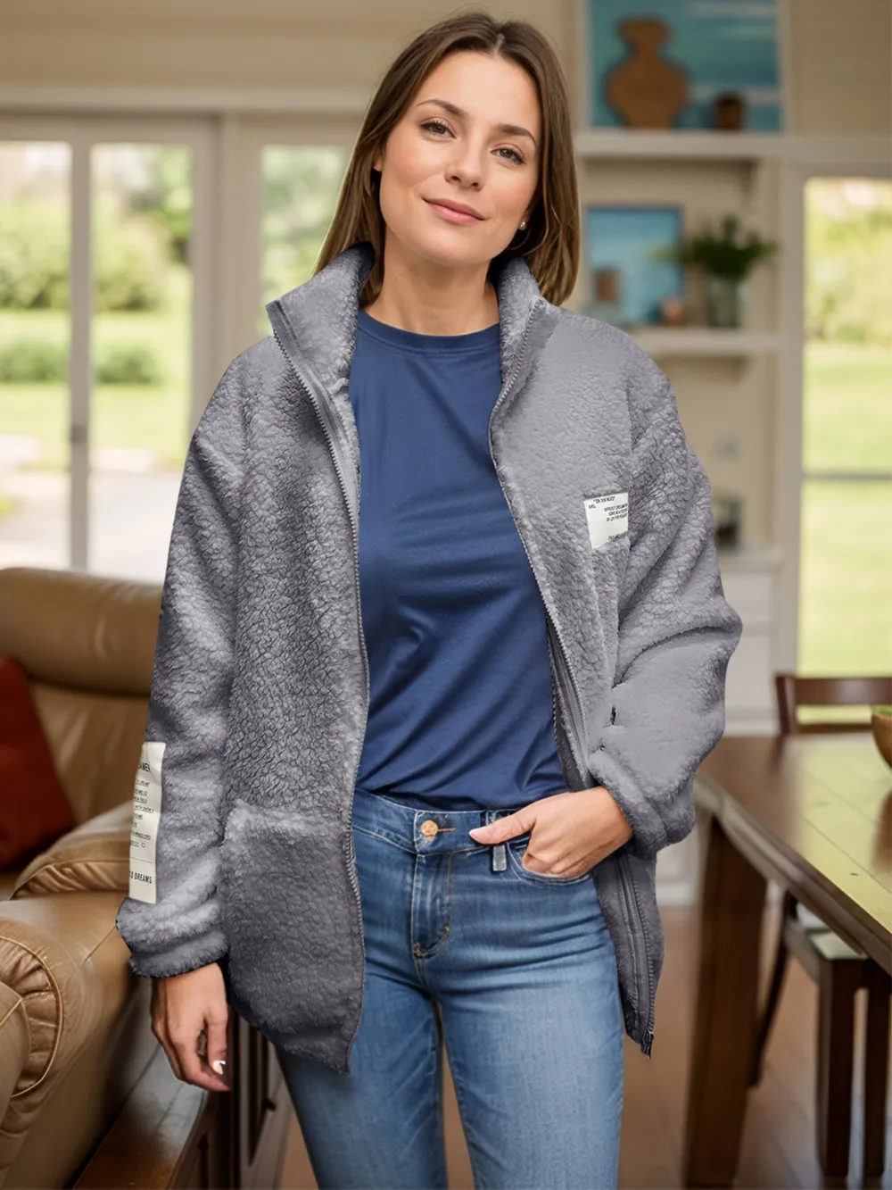 Full Size Turtleneck Zip Up Long Sleeve Sherpa Jacket, image 8