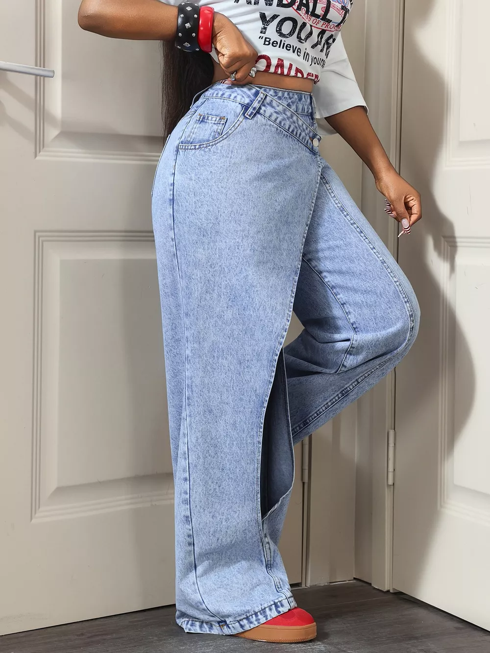High-Waisted Asymmetric Wrap Wide-Leg Jeans, image 3