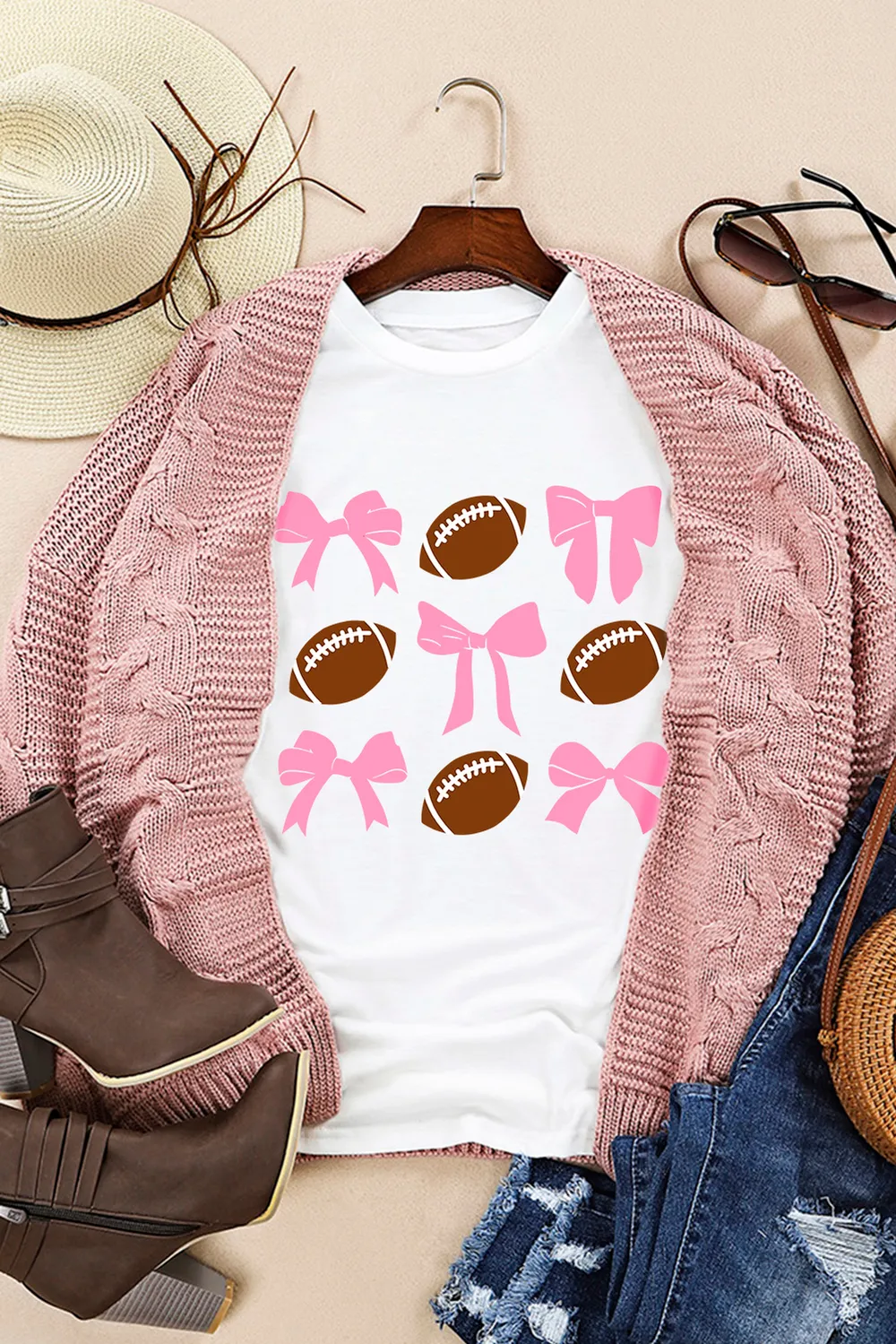 Football & Bow Round Neck Short Sleeve T-Shirt, image 3