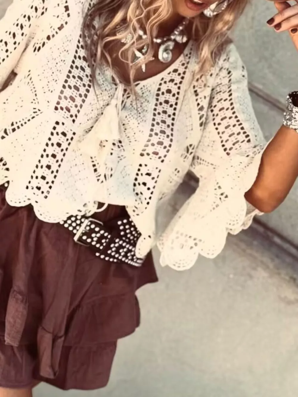 Tassel V-Neck Crochet Knit Top, image 3