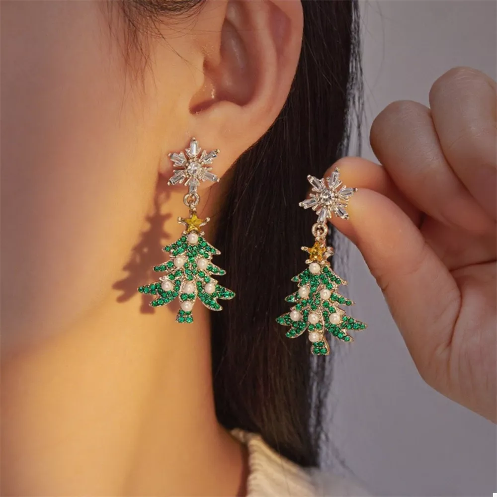 Christmas Tree Snowflake Dangle Earrings, image 2