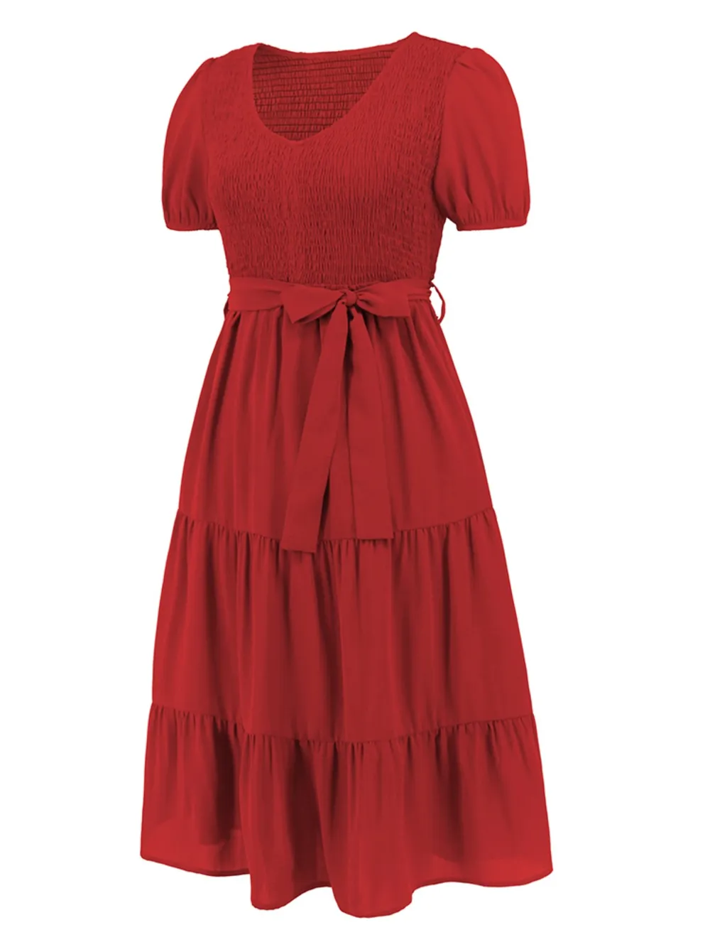 Smocked Tie Front Short Sleeve Tiered Dress, image 7