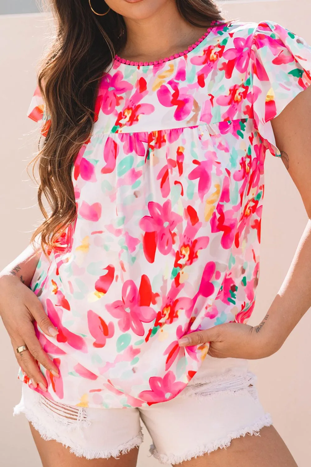 Floral Print Ruffle Sleeve Round Neck Blouse, image 9
